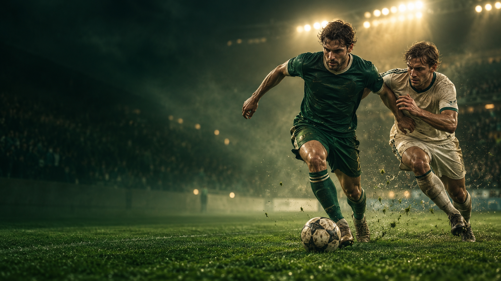 AI-genererad illustration av fotbollsspelare i kamp om bollen under strålkastare